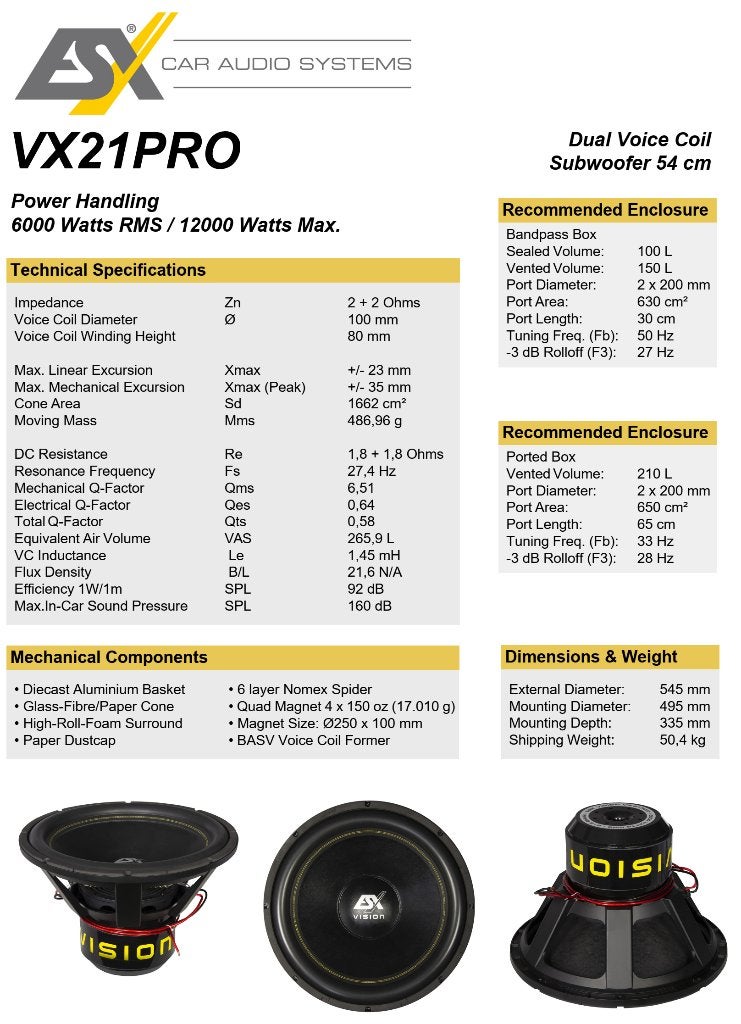 ESX VX21PRO 21 inch subwoofer 6000W RMS, Auto diversen, Autospeakers, Audio Design, Nieuw, Am Breilingsweg 3, 76709 Kronau, Duitsland