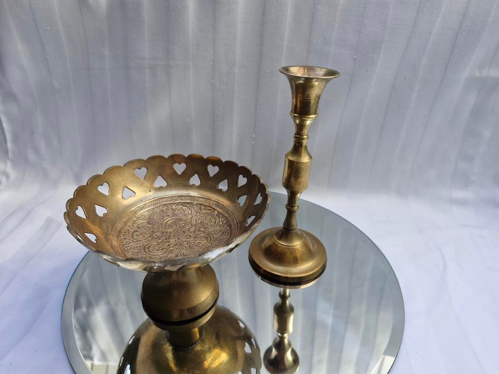Koperen Indiase tazza en kandelaar set, vintage, Antiek en Kunst, Antiek | Koper en Brons, Ophalen of Verzenden