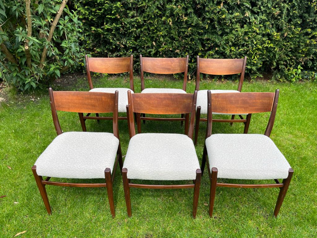 Vintage, Deens ontwerp, mid century eetkamerstoelen., Huis en Inrichting, Ophalen, Bruin, Stof, Vintage, mid century