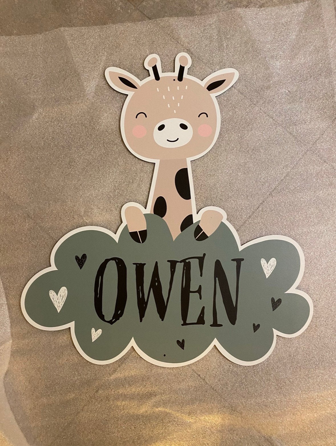 Geboortebord Giraffe met naam Owen, Kinderen en Baby's, Ophalen, Zo goed als nieuw, Geboortebord
