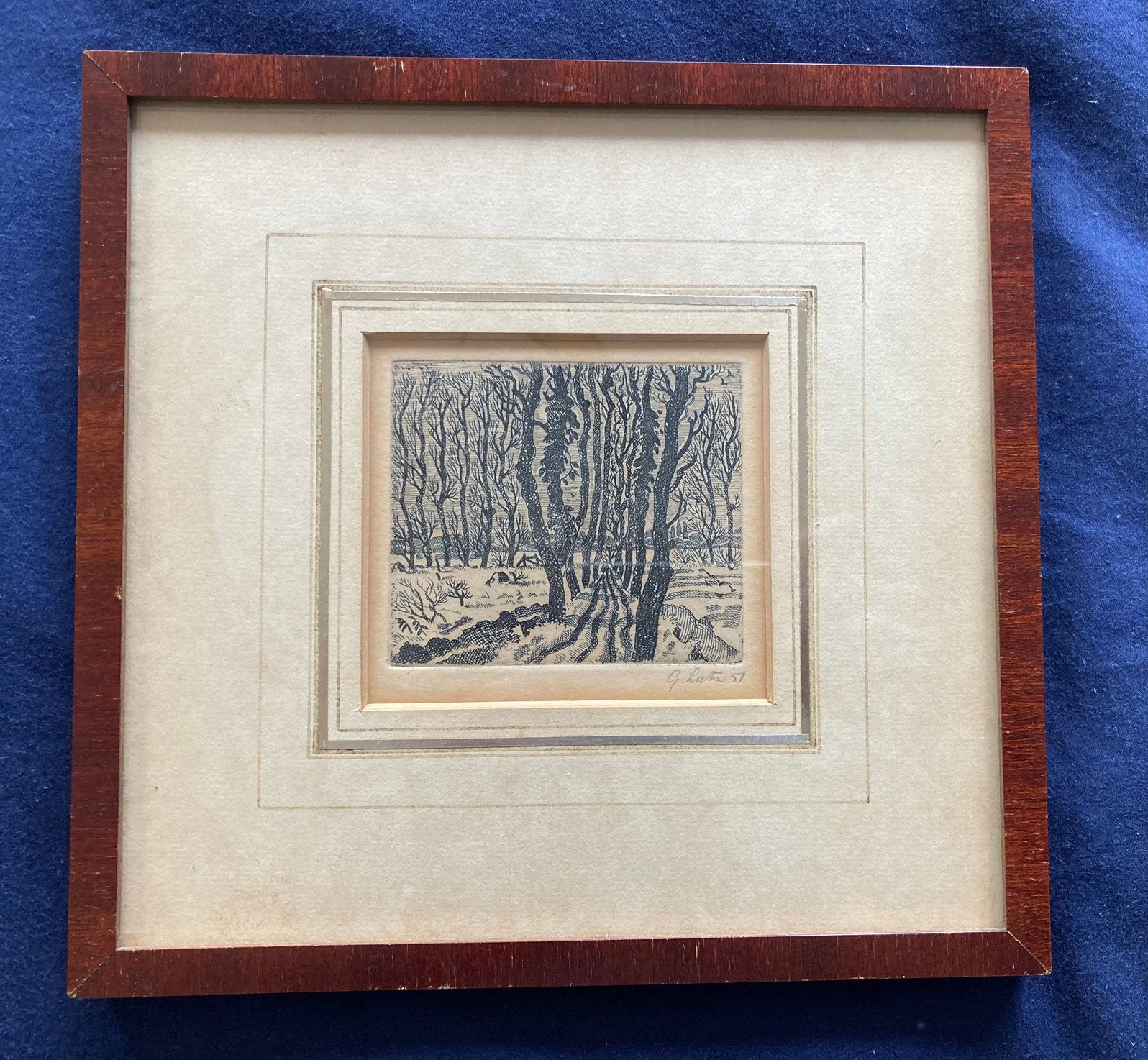 Gerard Lutz 1951 - gesigneerde ets - Boslandschap, 8 cm, Ophalen of Verzenden, Ingelijst, 7 cm