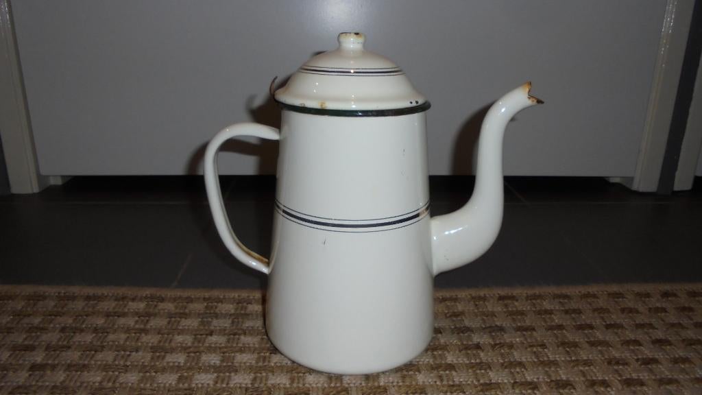 creme emaille koffiekan met bies H23cm, Ophalen of Verzenden