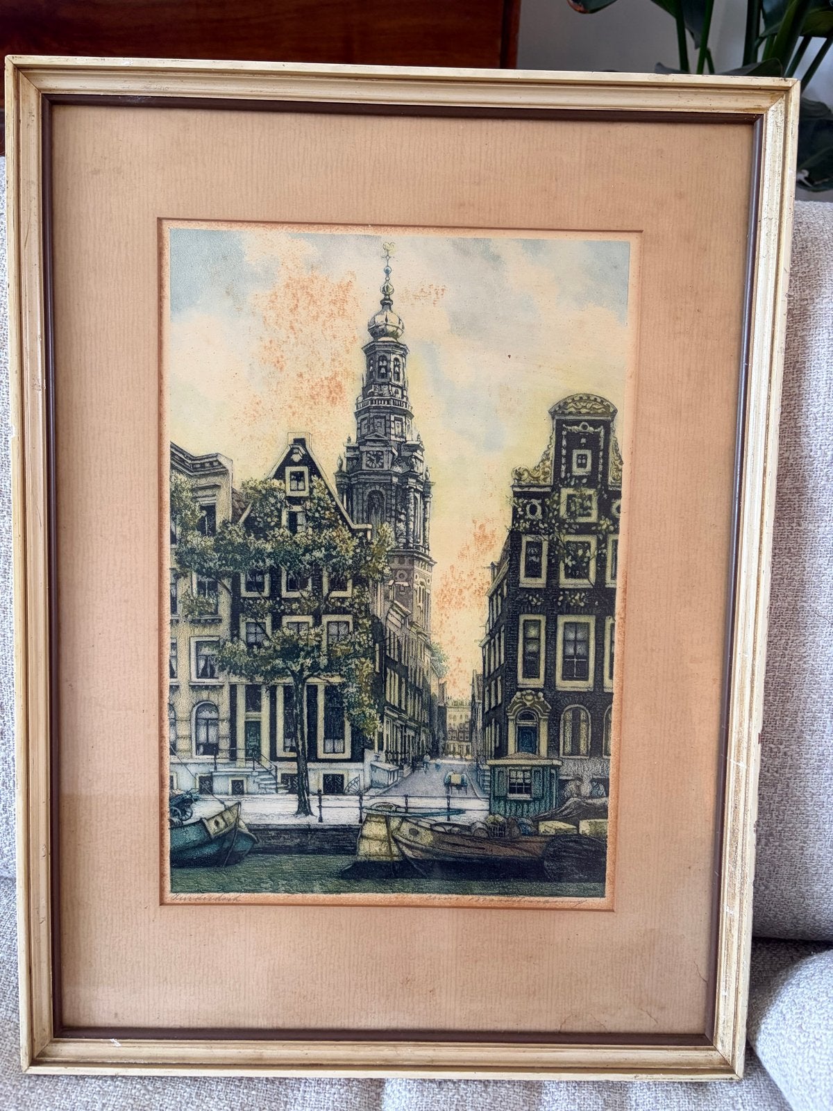 Oude ets van Amsterdam met de Westertoren, Antiek en Kunst, Ingelijst, Ets, Stadsgezicht, Ophalen of Verzenden