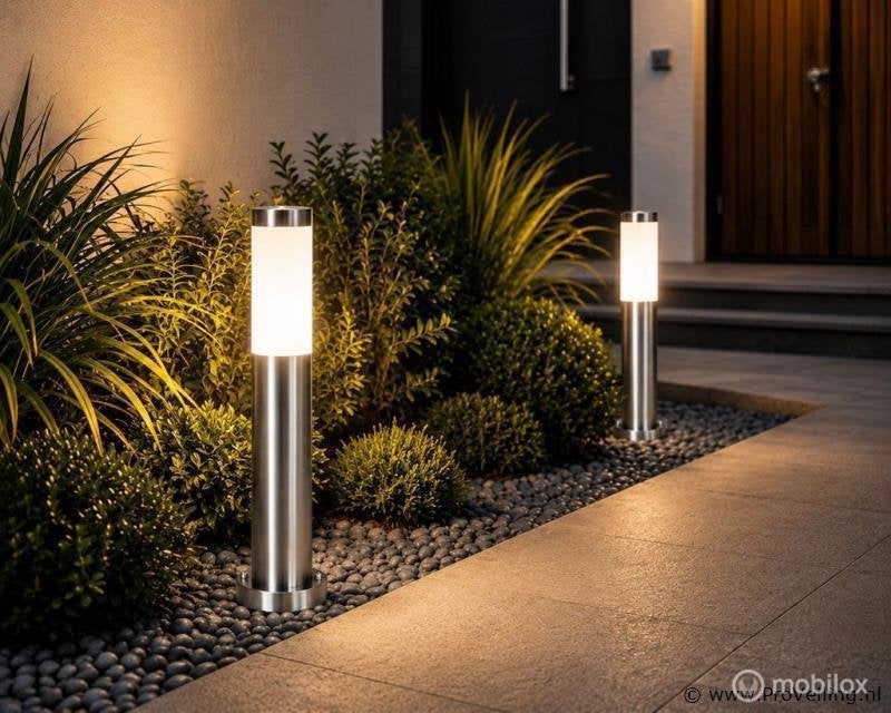 Online Veiling: 4 x Buitenlamp Tuinpaal – E27 – Chroom – ..., Nieuw
