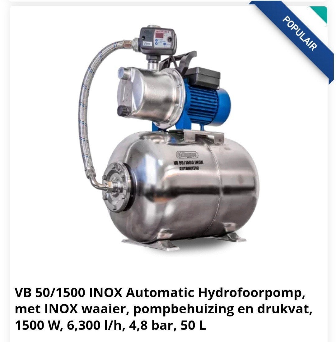 Hydrofoorpomp 1500W 50L RVS met druktank, Ophalen of Verzenden