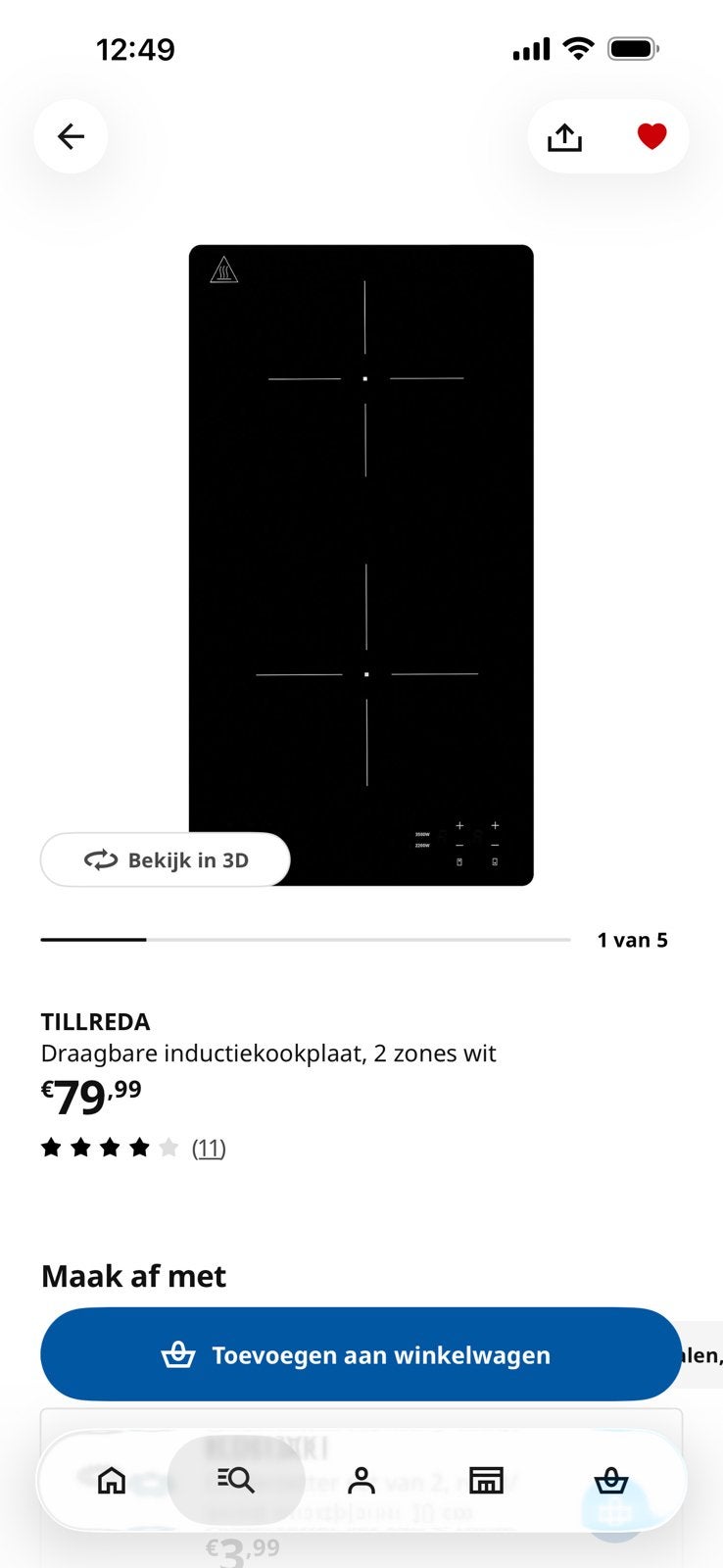 Ikea draagbare inductie kookplaat, 2 zones, Ophalen, 3 kookzones of minder, Zo goed als nieuw, Inductie