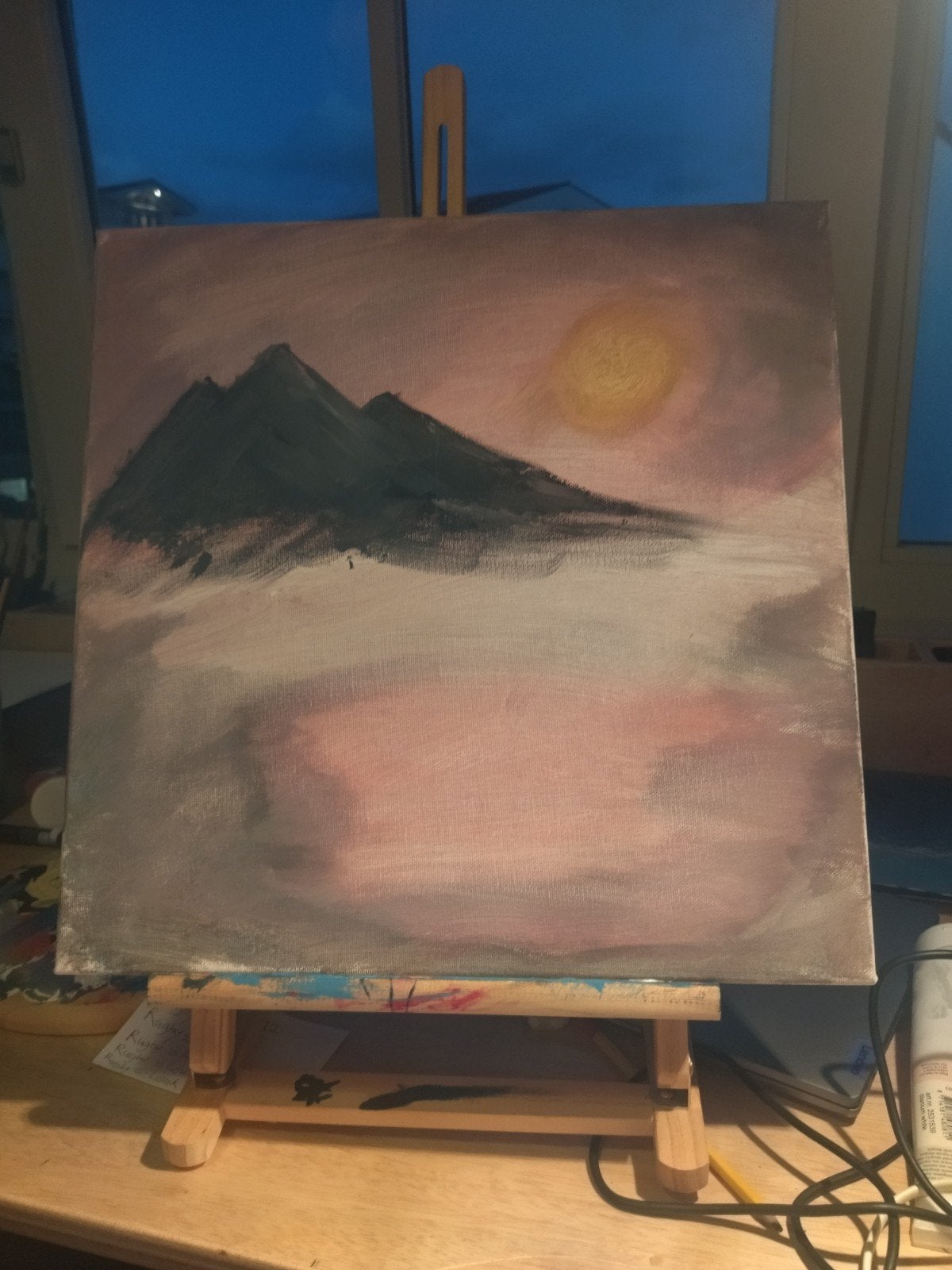 Schilderij: Mystiek Berglandschap bij Zonsondergang, Ophalen of Verzenden, Landschap, Olieverf, Handgeschilderd
