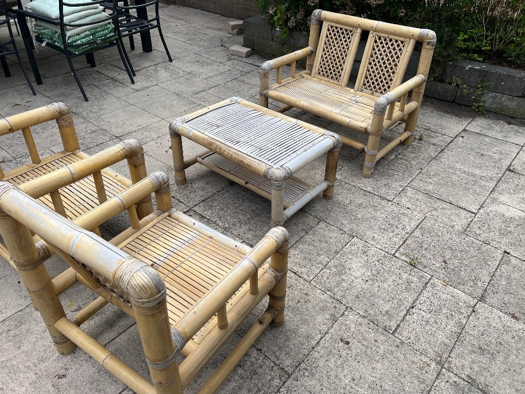 tuinset bamboe met 2 stoelen + 2 pers bank + tafel, Ophalen, Gebruikt, Bank, Tuinset
