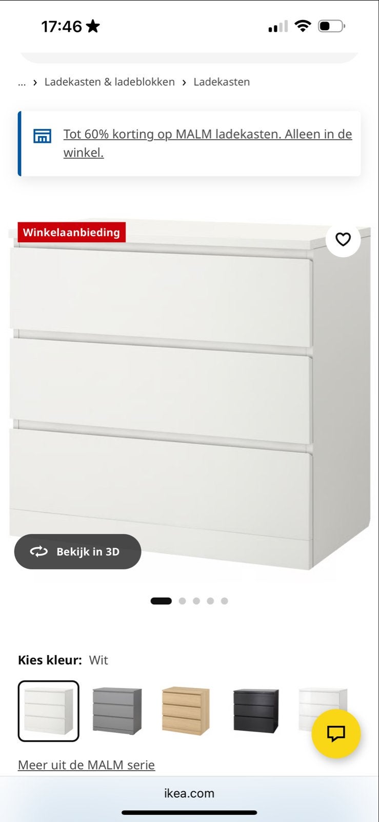 Witte MALM ladekast met 3 laden - IKEA, Huis en Inrichting, Gebruikt, 3 of 4 laden, Minder dan 100 cm, 25 tot 50 cm