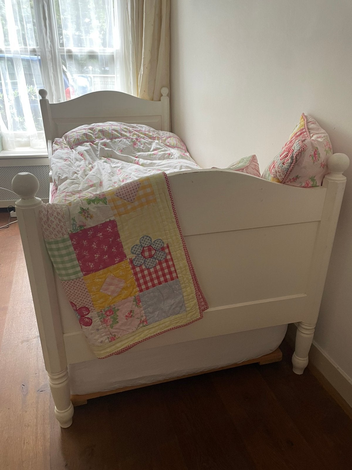 Brocante houten bed met Auping spiraalbodem, Ophalen, 85 tot 100 cm, Gebruikt, Lattenbodem