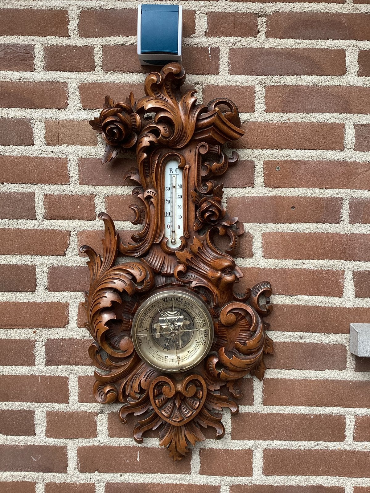 Grote Antieke Barometer met Thermometer - Houtsnijwerk, Ophalen