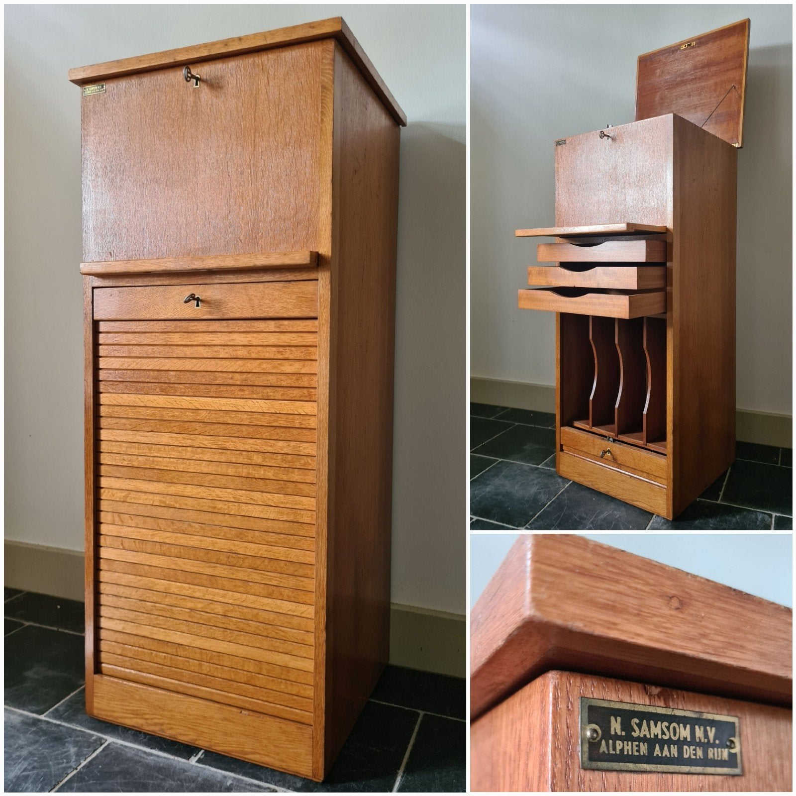 50's Roldeurkast, archiefkast, schoolkast, dossierkast, Ophalen, Midcentury, Met slot, 25 tot 50 cm