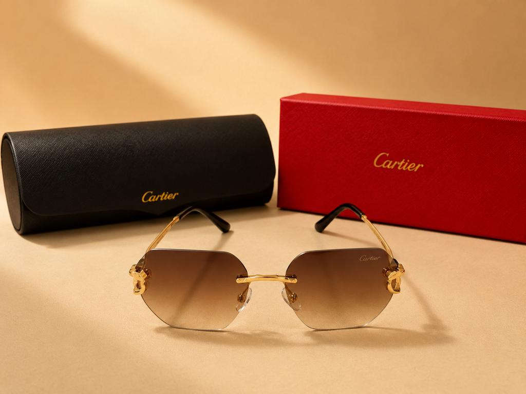 Cartier Rimless Luxury Zonnebril Goud Bruin Gradient, Sieraden, Tassen en Uiterlijk, Zonnebrillen en Brillen | Heren, Ophalen of Verzenden
