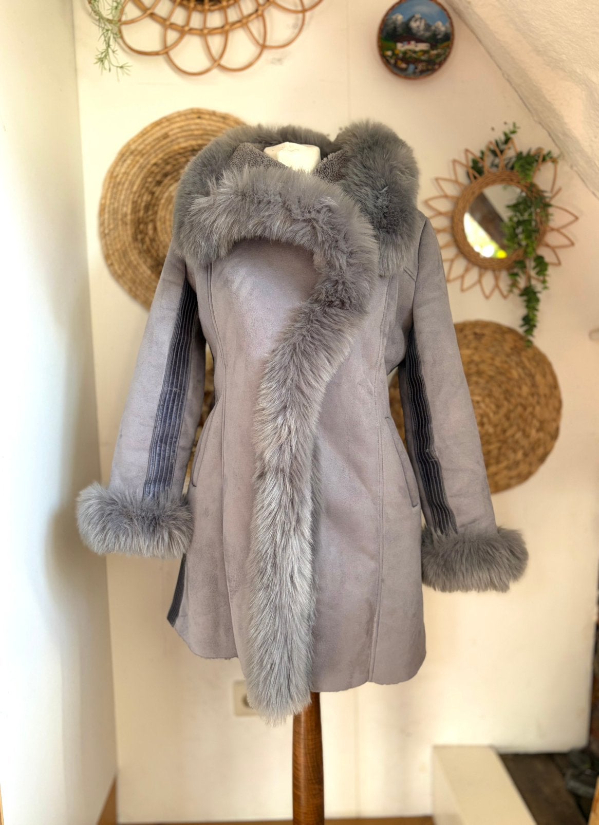 Vintage lammy shearling Afghaanse winter jas, Ophalen of Verzenden, Zo goed als nieuw, Maat 38/40 (M), Grijs