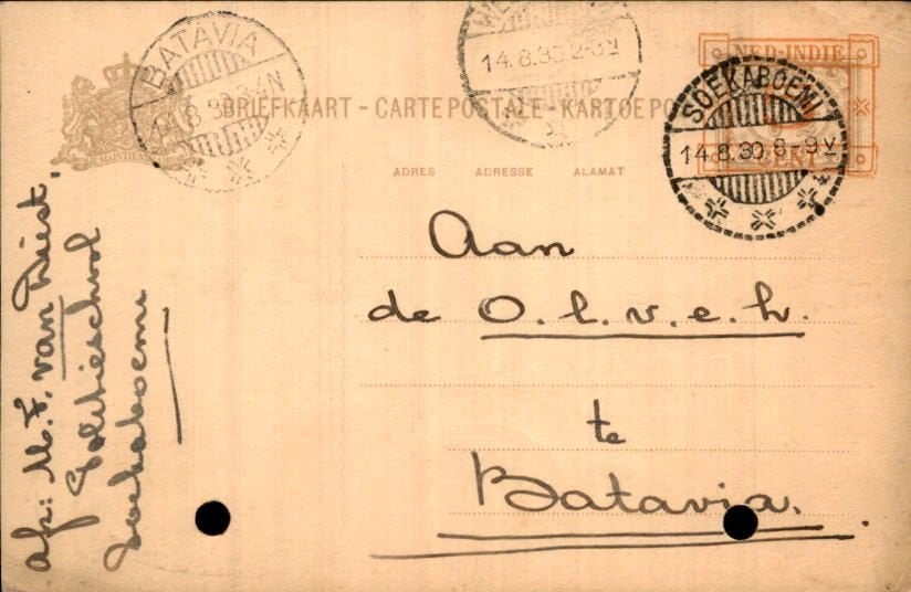 Nederlands Indië - Stempels Soekaboemi - 1930, Verzenden, Briefkaart