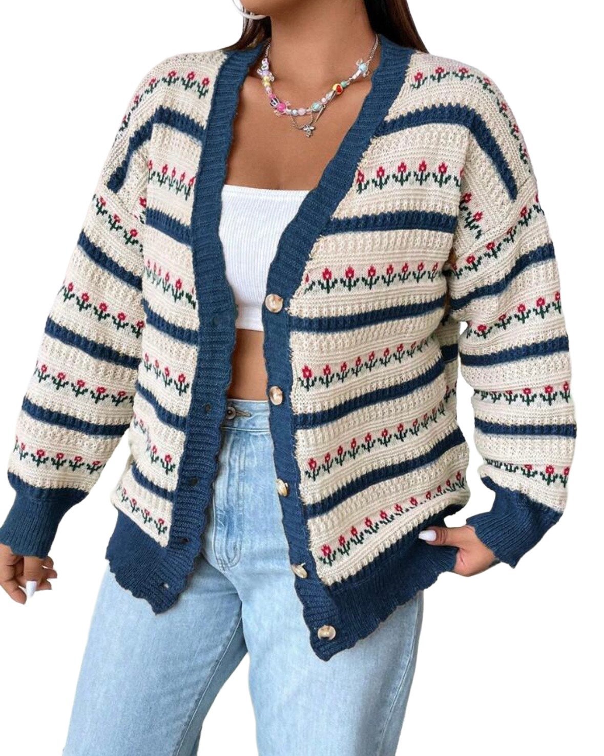 Gebreid vest met bloemen en strepen Blauw (44-50), Verzenden, Nieuw, Blauw, Trui of Vest