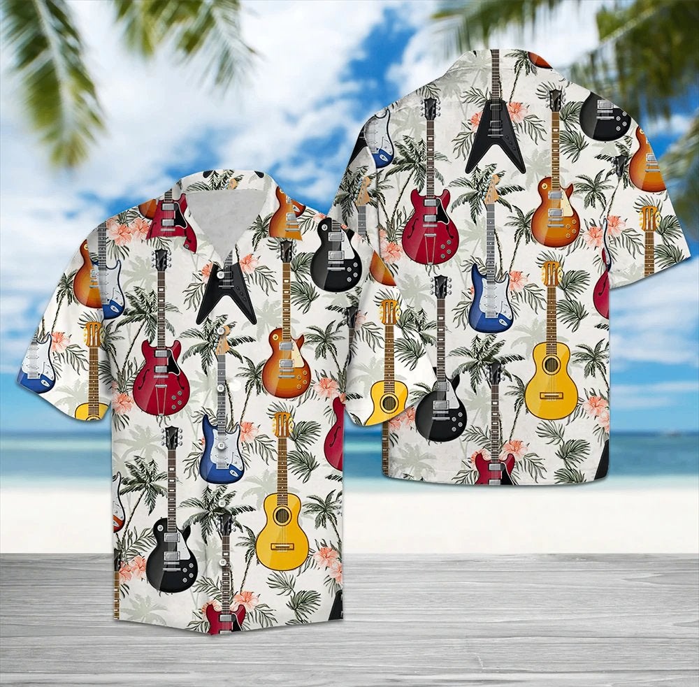 Gitaar overhemd heren mannen shirt muziek instrument hawaii, Verzenden, Nieuw, Wit, Overige halswijdtes