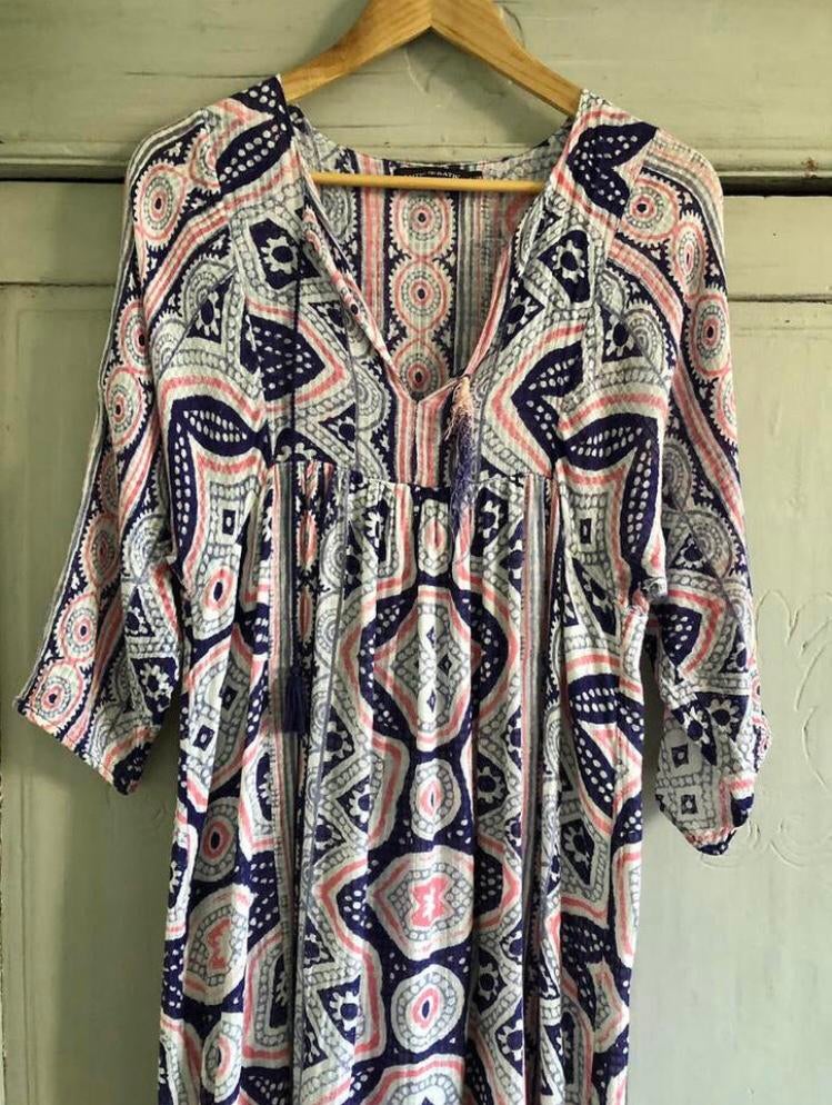 Prachtige Antik Batik Boho maxi-jurk Mt S - 38, Ophalen, Wit, Maat 36 (S), Gedragen