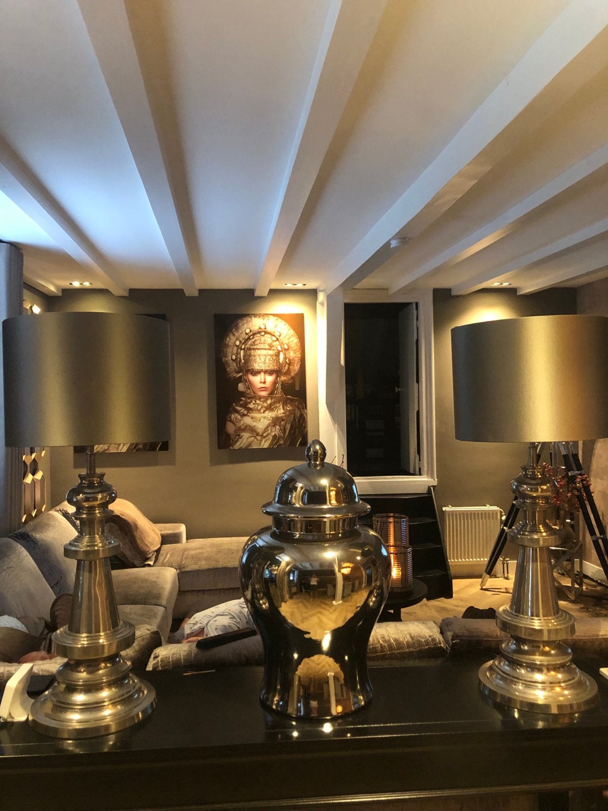 Set van 2 luxe tafellampen met gouden kap ( eicholtz stijl ), Zo goed als nieuw, Goud, Modern, Ophalen