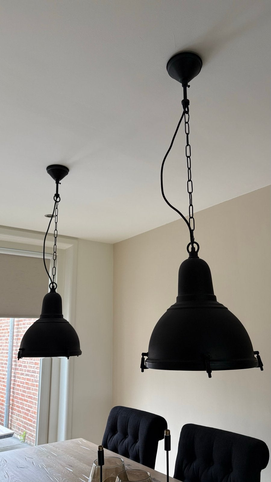 Set van 2 industriële hanglampen, zwart metaal, Ophalen, Zo goed als nieuw, Metaal, E27 (groot)