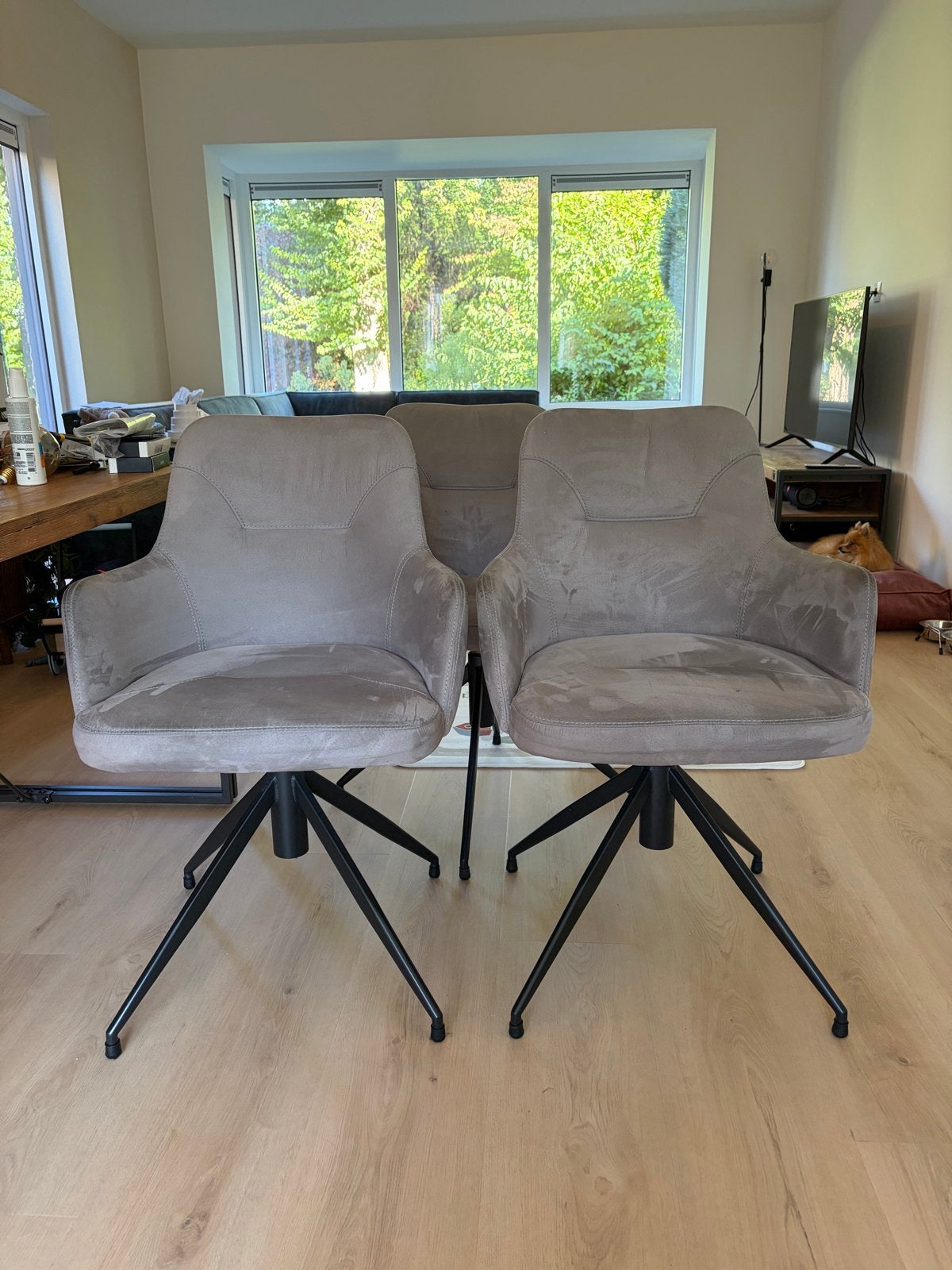 3 Grijze Industriële Draaibare Stoelen - Gebruikt, Huis en Inrichting, Ophalen, Gebruikt, Drie, Stof