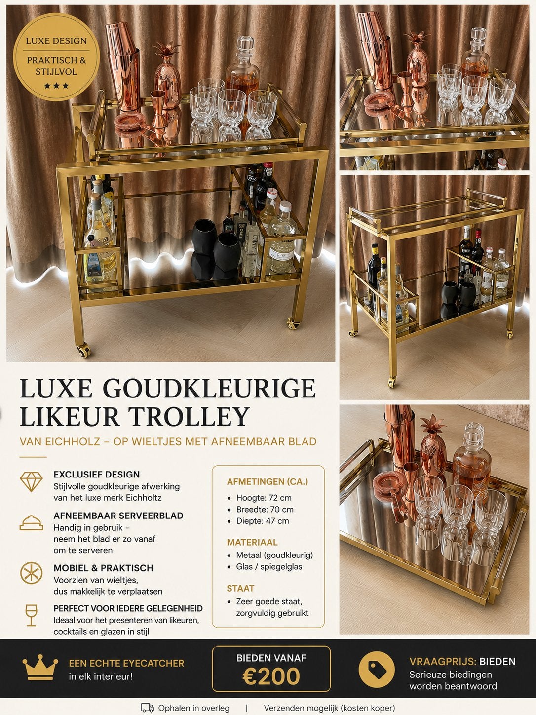 Prachtige Eichholtz likeurtrolley  Goudkleurig, Ophalen, Zo goed als nieuw, Metaal