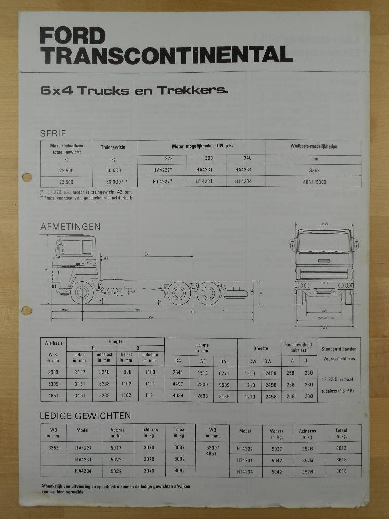 Ford Transcontinental 6x4 Technische Brochure 1975, Ford, Ophalen of Verzenden, Zo goed als nieuw, Ford