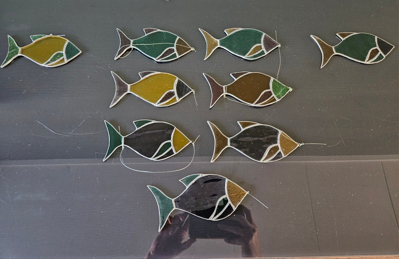 Set van 9 glas-in-lood vissen decoratie, sun catchers, Antiek en Kunst, Ophalen of Verzenden