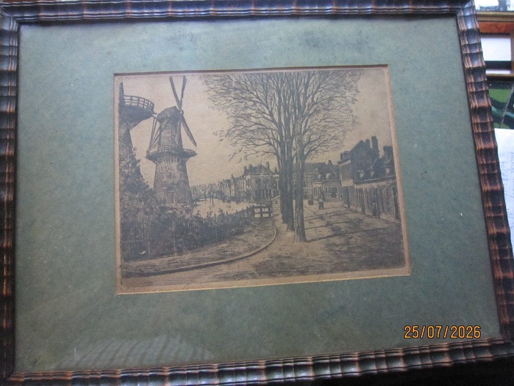 SCHIEDAM, Ets Oud straatbeeld bij een Molen, Marius JANSSEN, Ophalen