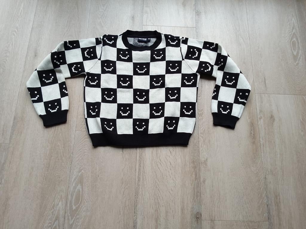 Zwart-witte trui met smiley-patroon maat 152, Ophalen of Verzenden