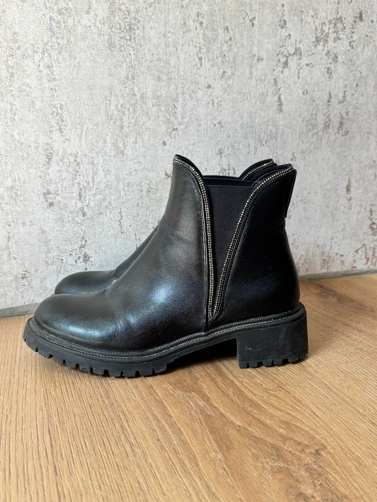 Zwarte leren laarsjes met strass details - Maat 38 bling, Ophalen, Gedragen, Zwart, Lage of Enkellaarzen