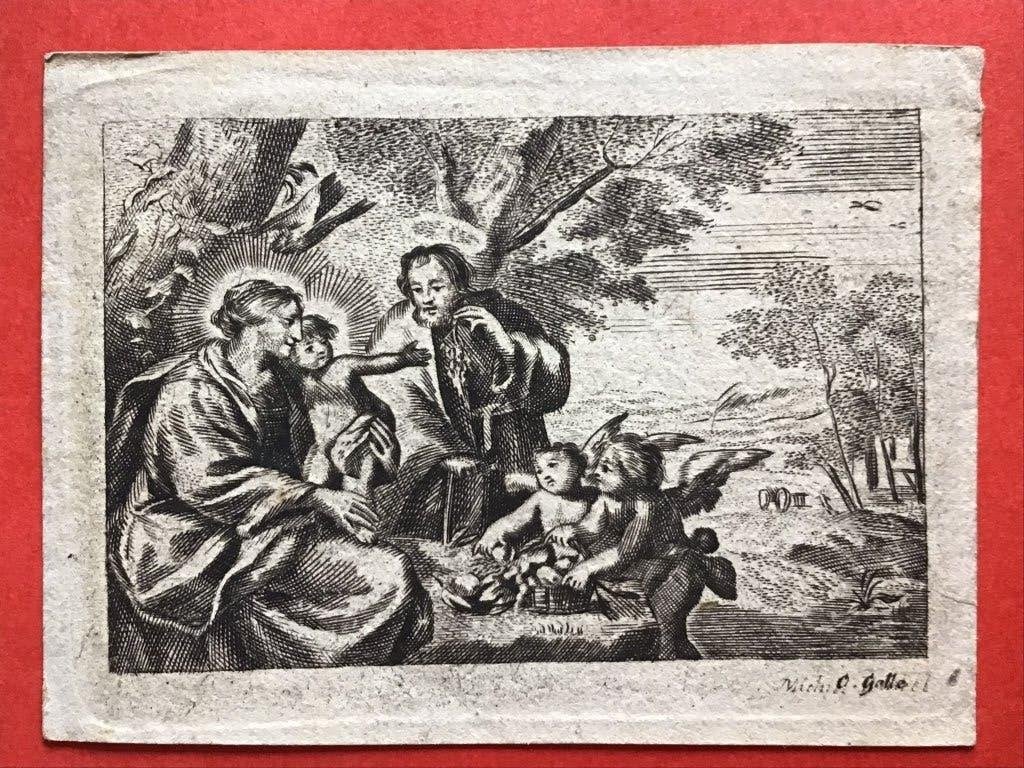 17e Gravure C. Galle Heilige Familie en engelen, Religie, Gravure, 7 cm, 10 cm