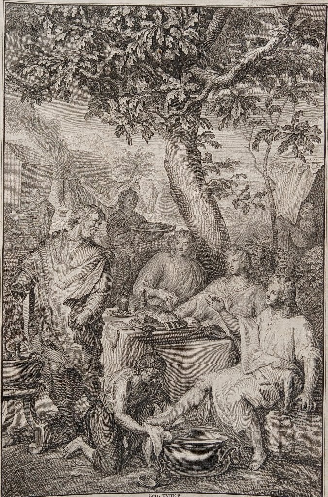 Abraham staat onder eenen boom by de drie mannen Kopergravur, Religie, Ophalen of Verzenden, 35 cm, 21 cm