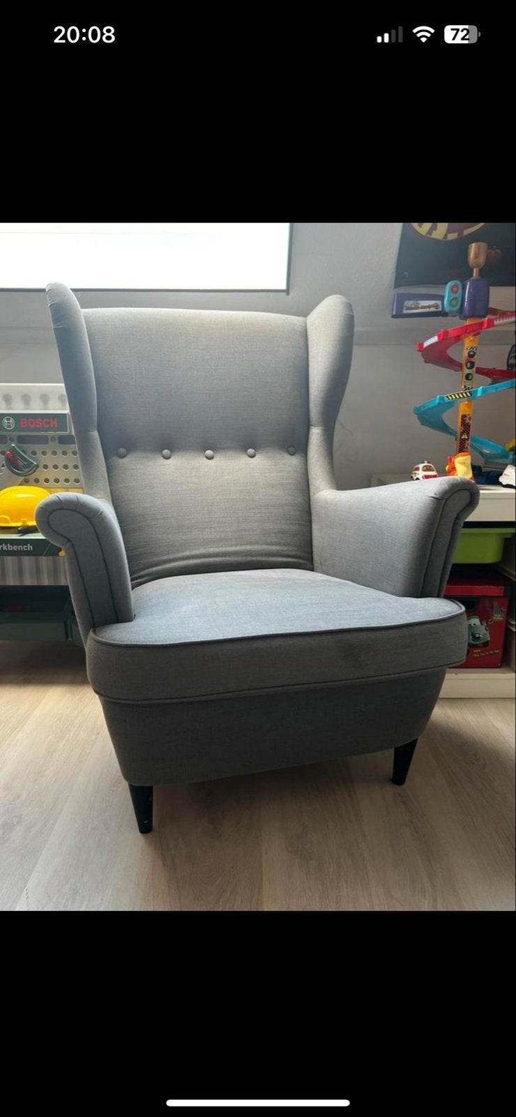 Grijze oorfauteuil - Comfortabele fauteuil, Huis en Inrichting, Ophalen, Gebruikt, Stof, 75 tot 100 cm