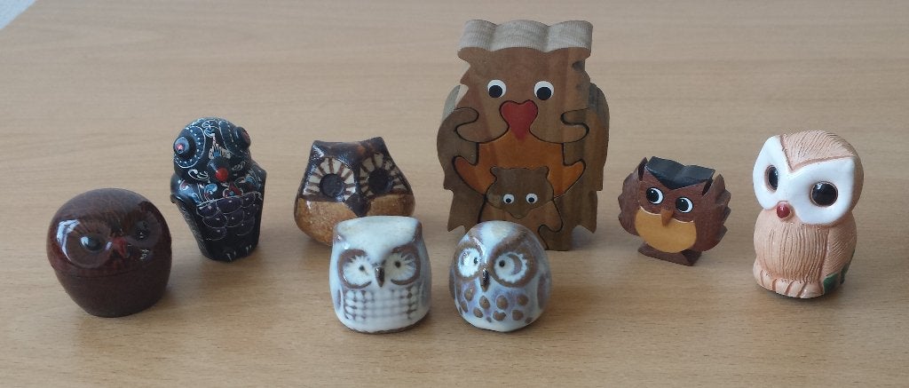 8 Beeldjes Uilen - Diverse materialen - Letterbak, Ophalen of Verzenden, Zo goed als nieuw, Dier