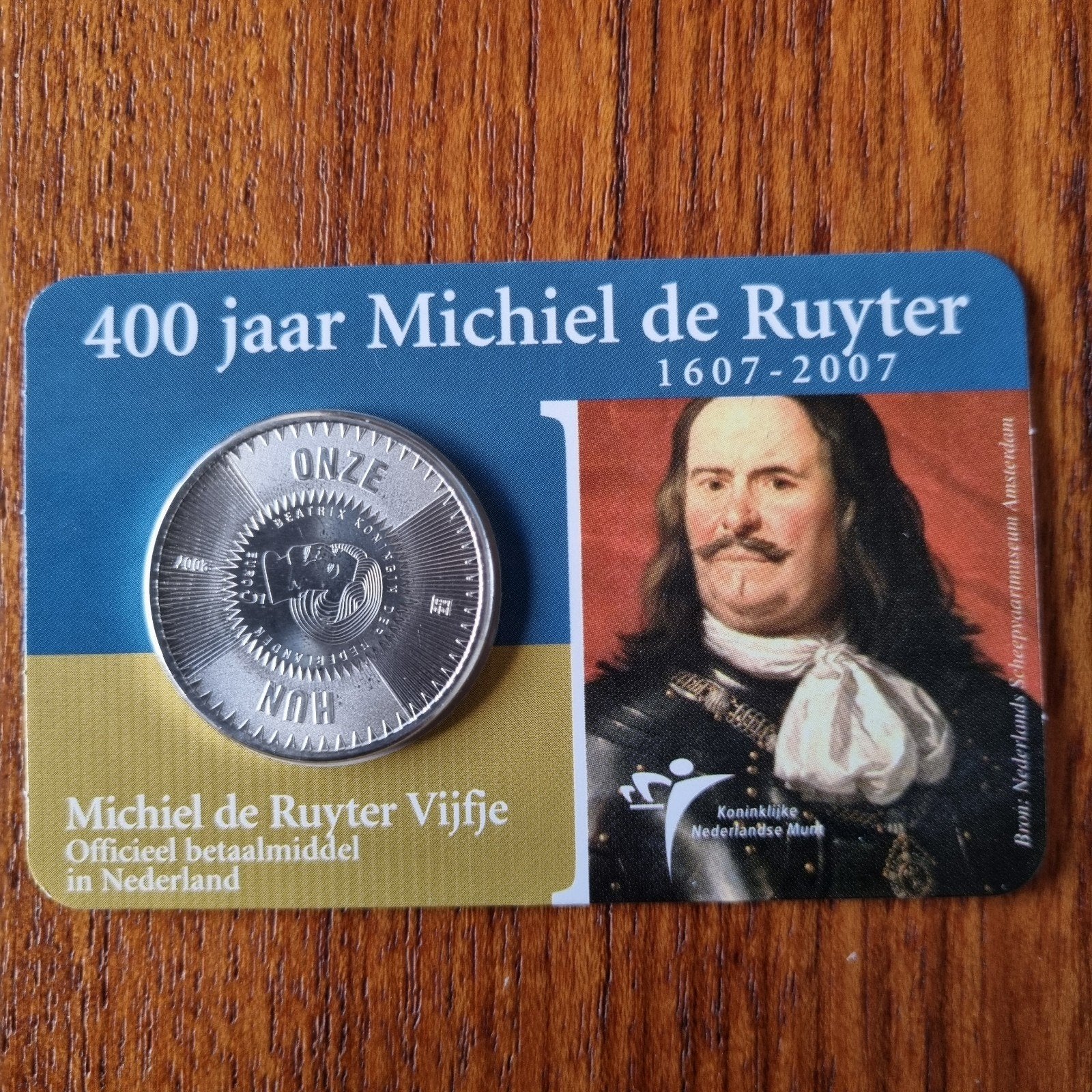 Michiel de Ruyter Vijfje - Zilveren €5,- munt, Koningin Beatrix, Zilver, Euro's, Ophalen of Verzenden