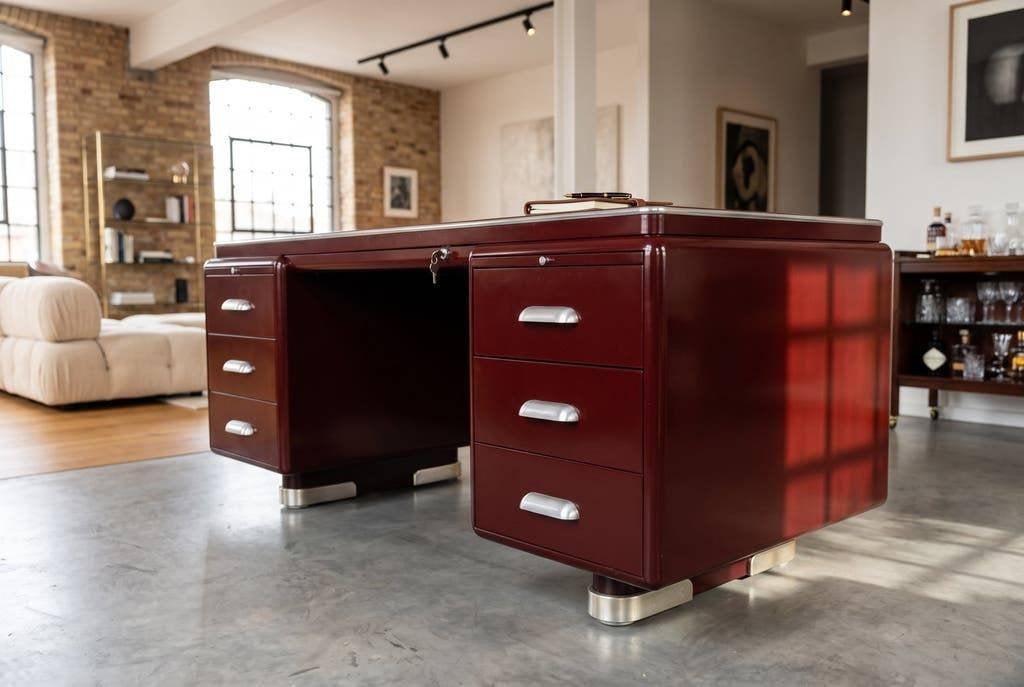 vintage metalen burgundy bureau Ahrend / Oda Prominent desk, Antiek en Kunst, Ophalen