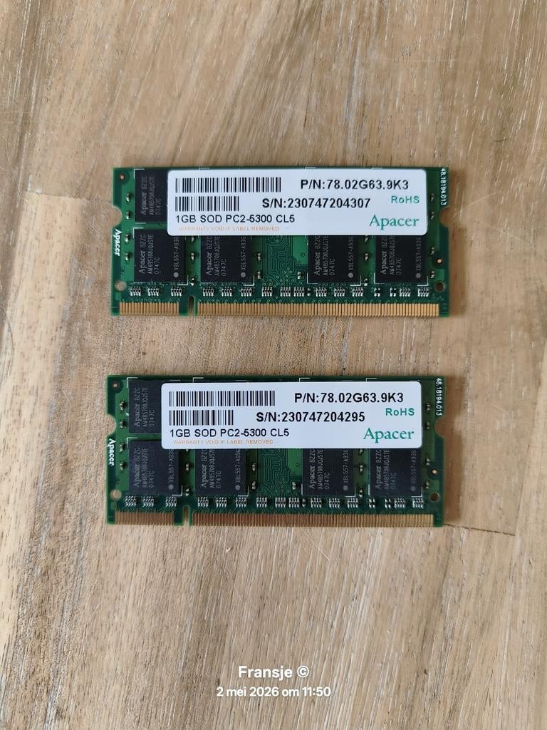 2x 1GB Apacer SOD PC2-5300 CL5 RAM Geheugen voor Laptop, Gebruikt, Ophalen of Verzenden, DDR2, 2 GB