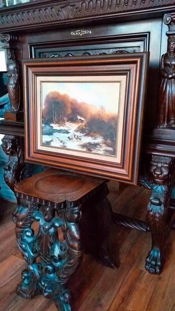 Antiek schilderij winterlandschap olieverf op houten paneel, Ophalen of Verzenden
