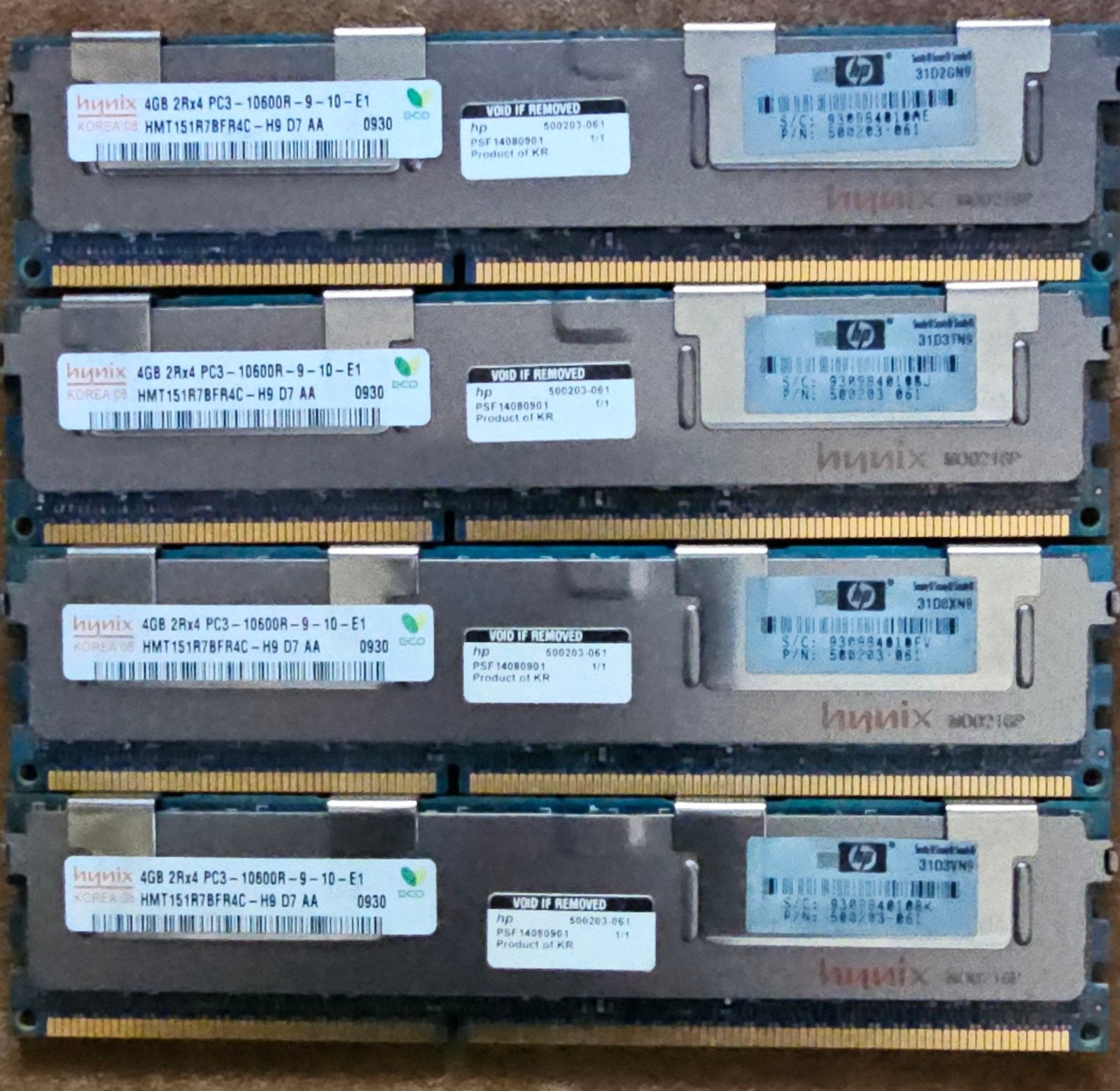 16 gb Hynix 4x 4GB DDR3 PC3-10600R RAM, Gebruikt, Server, DDR3, Ophalen of Verzenden
