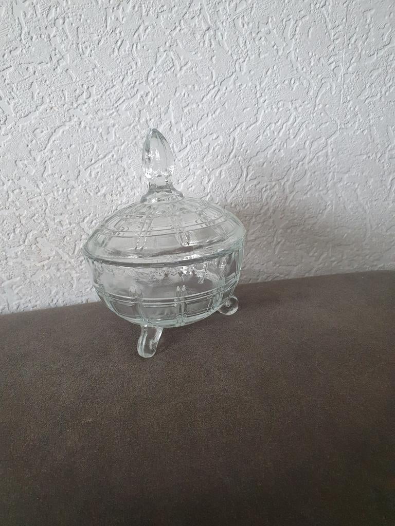 Vintage glazen bonbonnière op pootjes, Antiek en Kunst, Antiek | Glas en Kristal, Ophalen of Verzenden