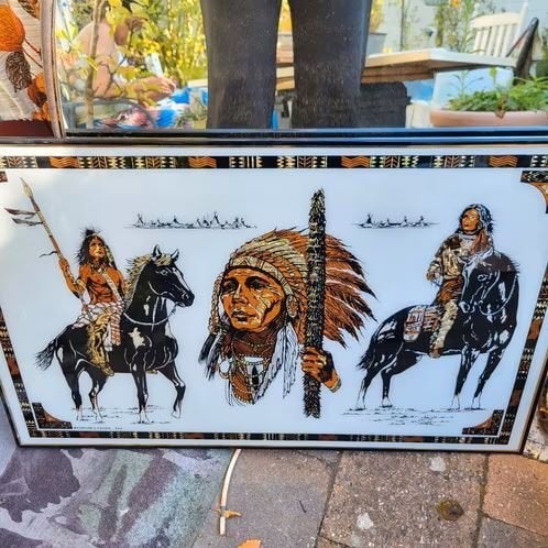 Indianen in lijst en een 3 luik, Ophalen of Verzenden, Bruin