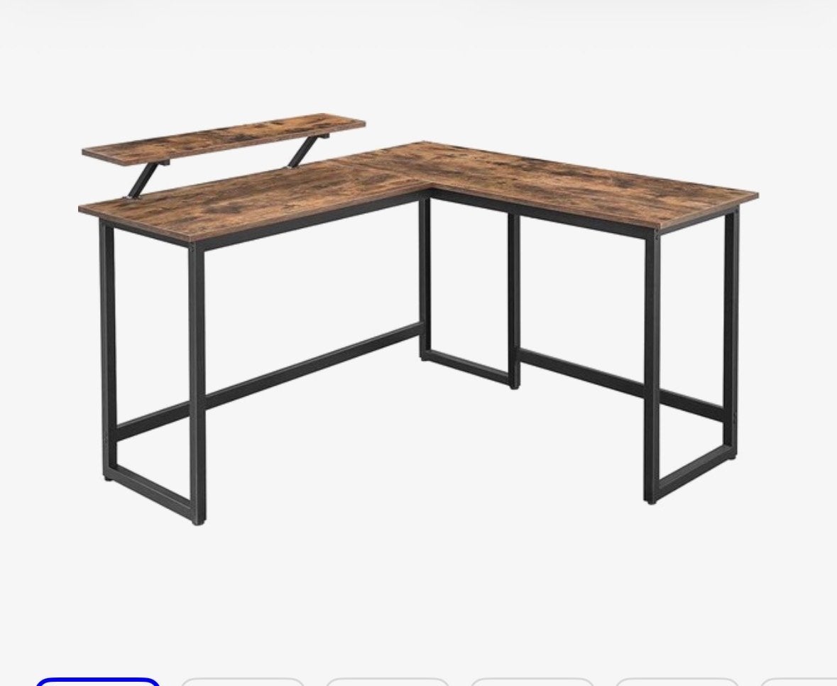 Hoekbureau met monitorstandaard - Industrieel design, Opzetstuk, Hout, Hoekbureau, Bruin