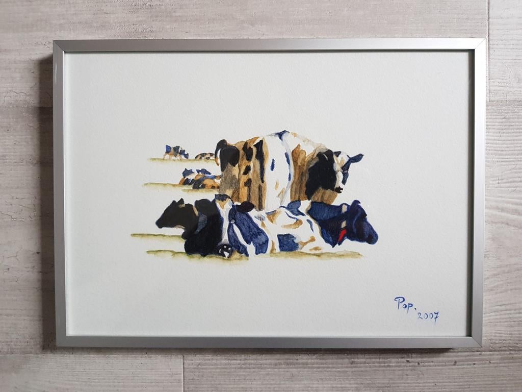 Aquarel Koeien, Schilderij Koeien eigen werk, Koeien Aquarel, Antiek en Kunst, Ophalen of Verzenden