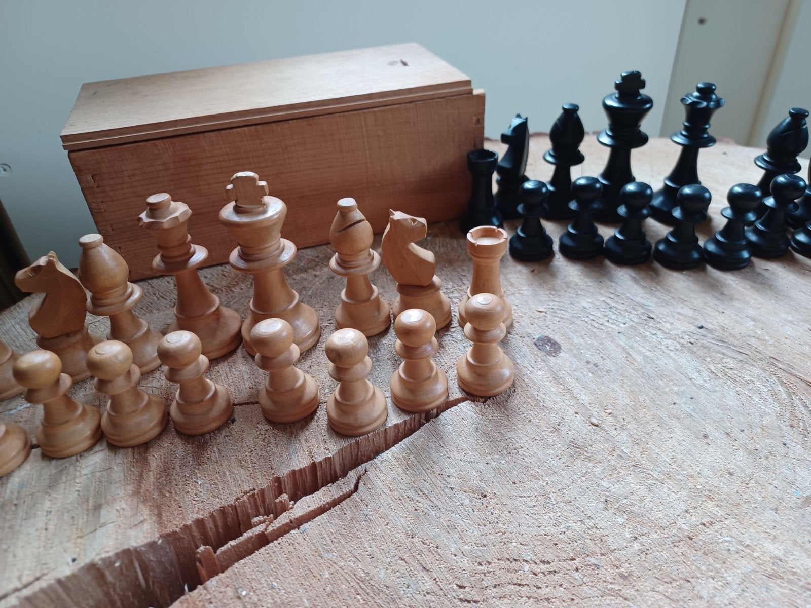 Vintage Schaakstukken schaak stukken met Originele Doos, Ophalen of Verzenden, Minder dan 500 stukjes, Schaken