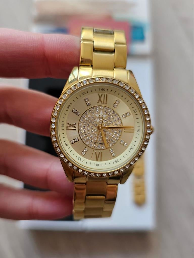 Gouden AVA horloge Mr. O NY edition met strassteentjes, Ophalen of Verzenden, Zo goed als nieuw, Staal, Overige merken