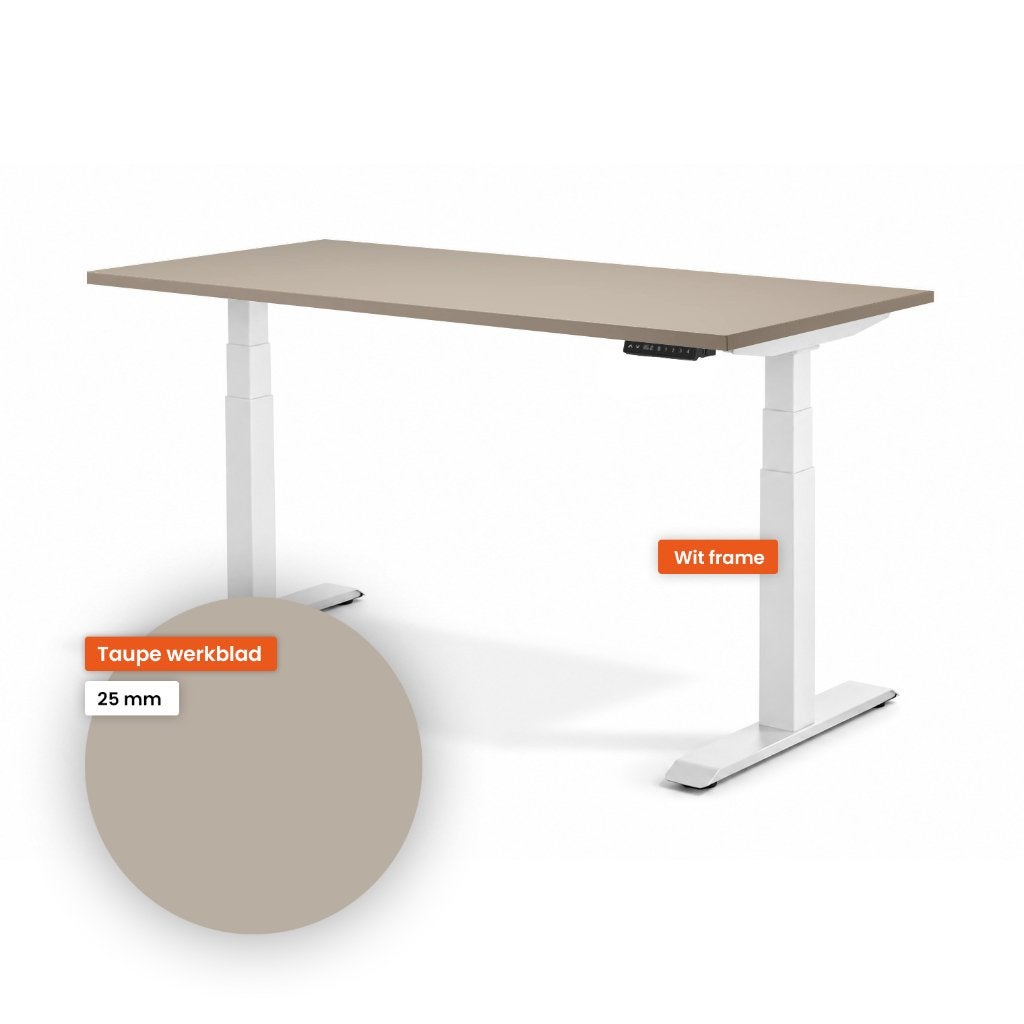 Ergowork zit-sta bureau – Wit frame / Taupe, Zit-sta bureau, Spaanplaat of MDF, Nieuw, Ophalen of Verzenden