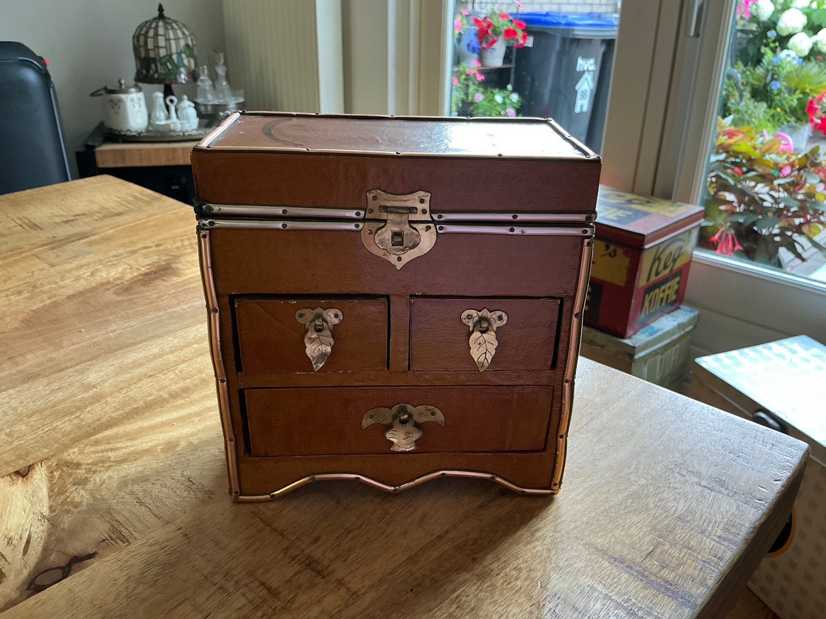 Brocante lederen uitvoering sieradenkistje, Ophalen of Verzenden