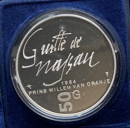 Zilveren 50 Gulden 1984 - Willem van Oranje (Proof + Doos), Postzegels en Munten, Munten | Nederland, Koningin Beatrix, Zilver