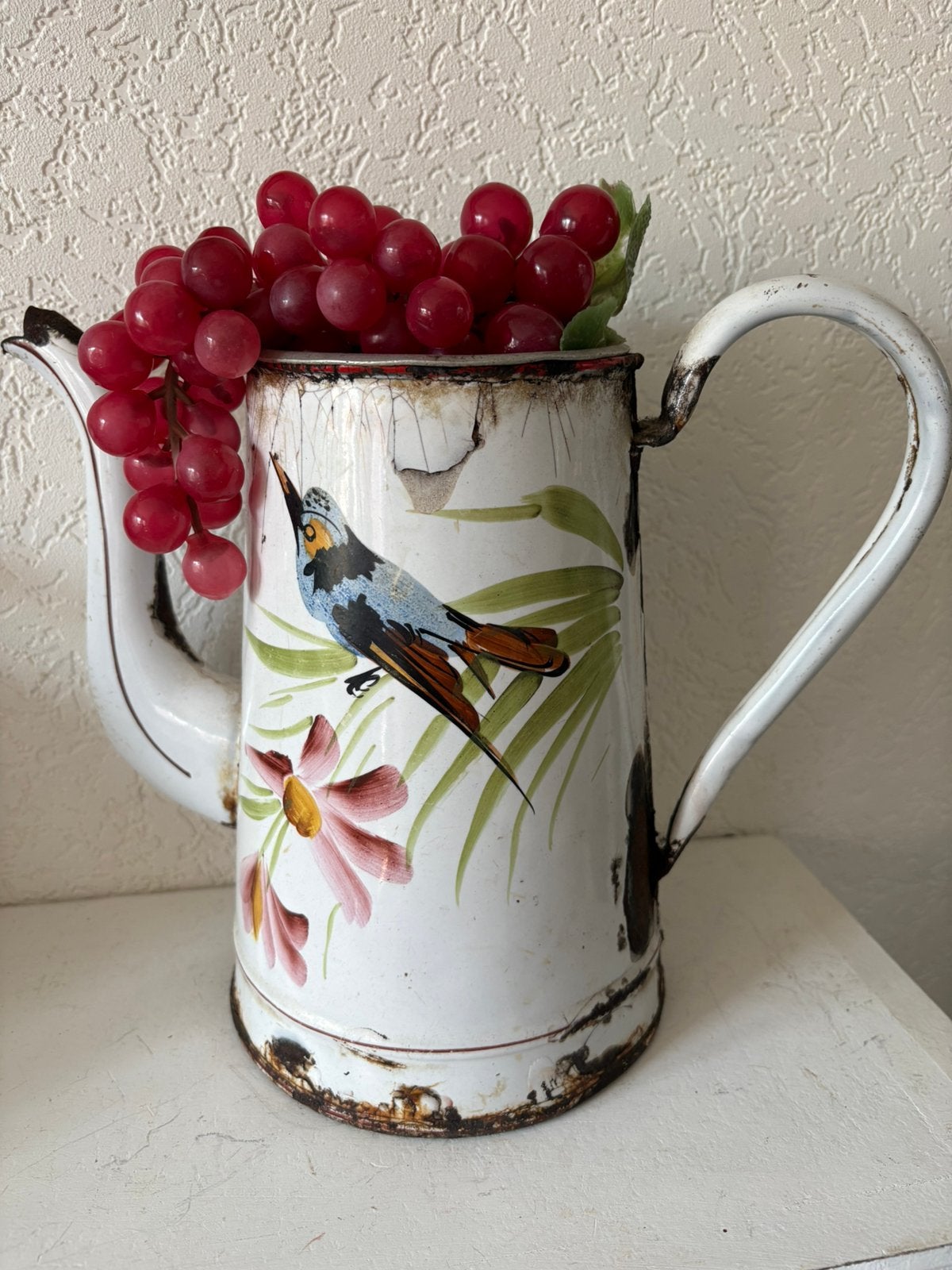 Geleefde,emaille kan met vogel, Antiek en Kunst, Ophalen of Verzenden